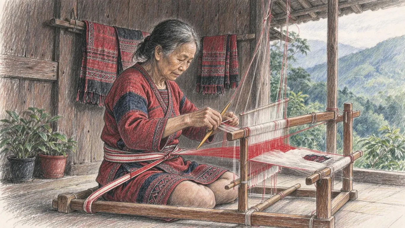 An elderly woman in a red woven tunic works a backstrap loom on a wooden veranda, finished cloths hanging behind her and green hills beyond.
