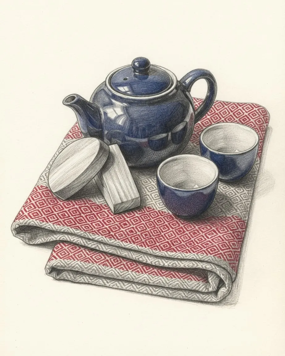 A graphite still life: a folded length of woven cloth with a red diamond pattern, a blue teapot with two cups and a small wooden box.