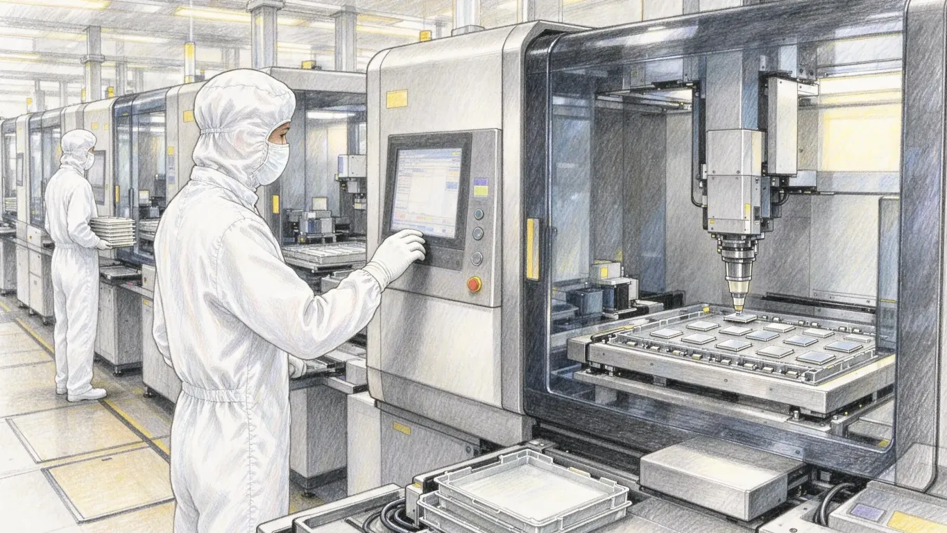 Workers in white cleanroom suits tend machines in a chip factory, one at a control screen beside a machine handling wafers.