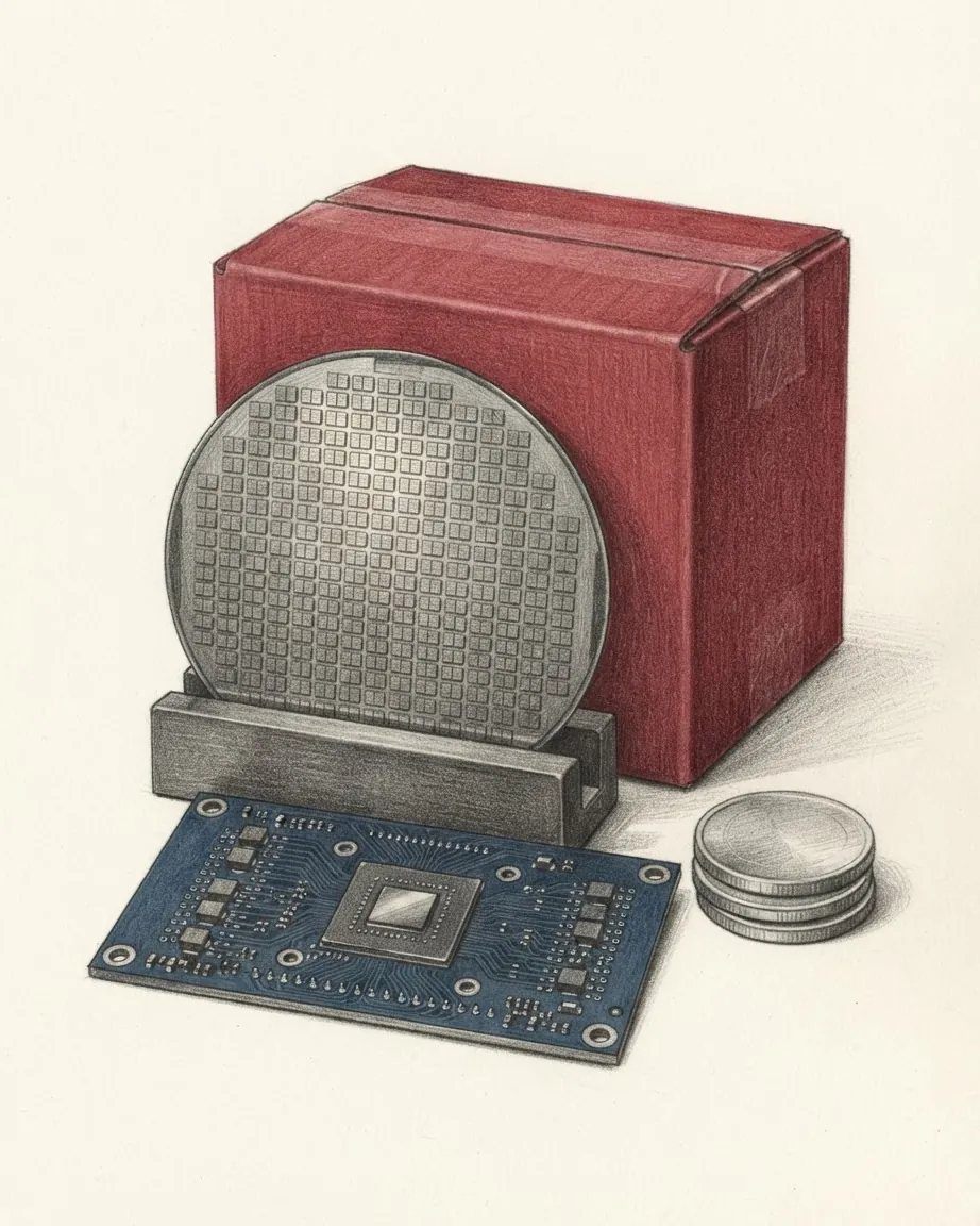 A silicon wafer in a holder, a red box behind it, a blue circuit board with a chip and a short stack of coins.