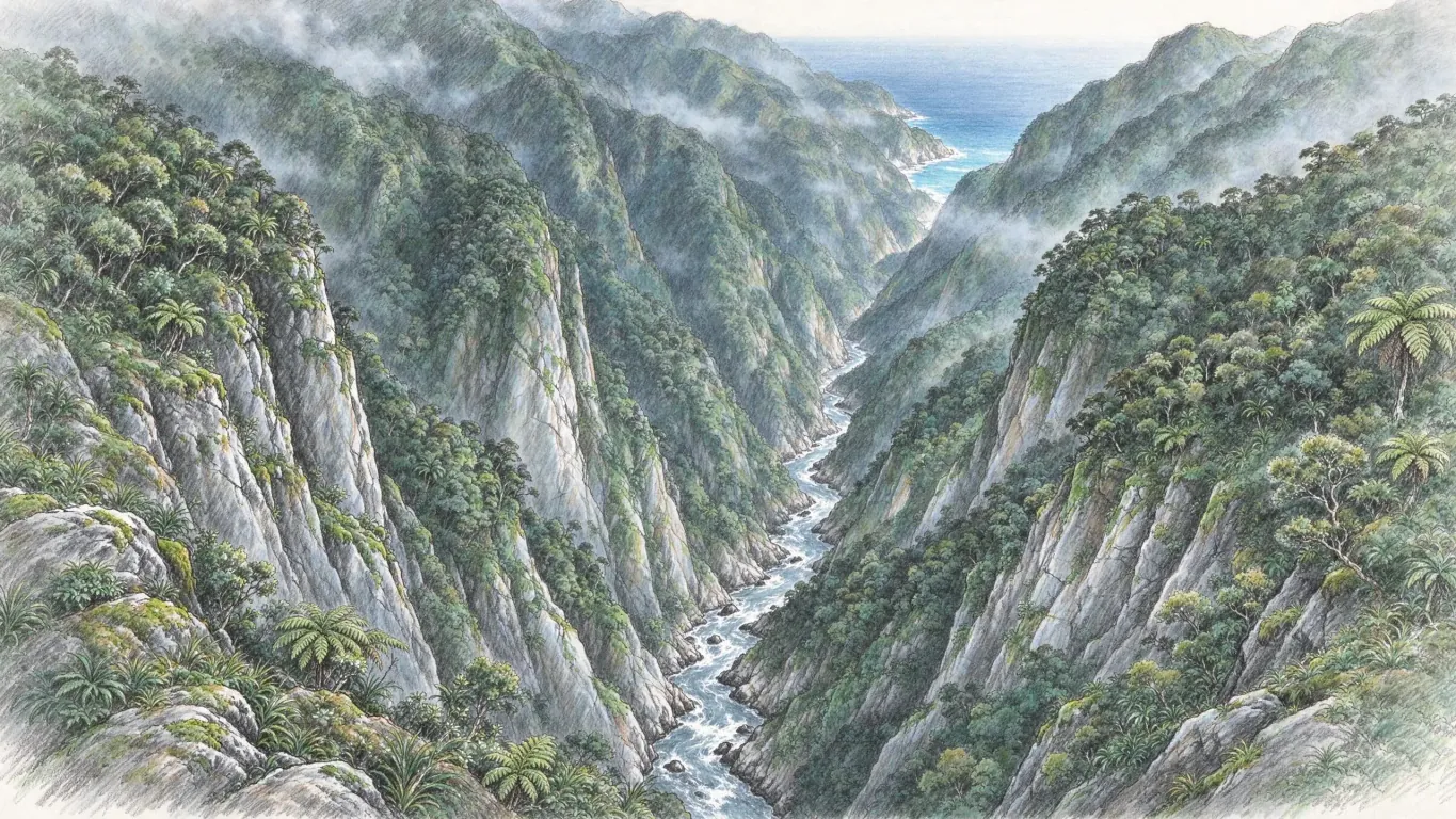 A coloured pencil view down a deep marble gorge, sheer cliffs hung with forest and a river running far below towards the sea.