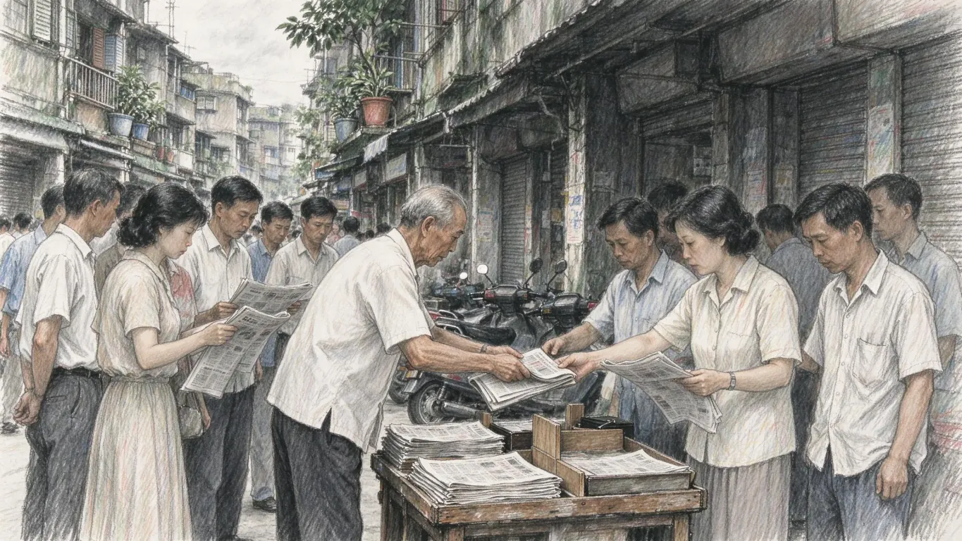 People in shirts and summer dresses crowd round a newspaper stand under an arcade, reading and buying papers from stacks on a table.