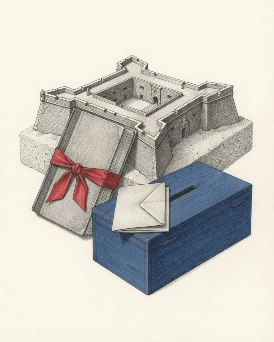A graphite still life: a model of a seventeenth-century brick fort with corner bastions, a document tied with a red ribbon and a blue box with an envelope.