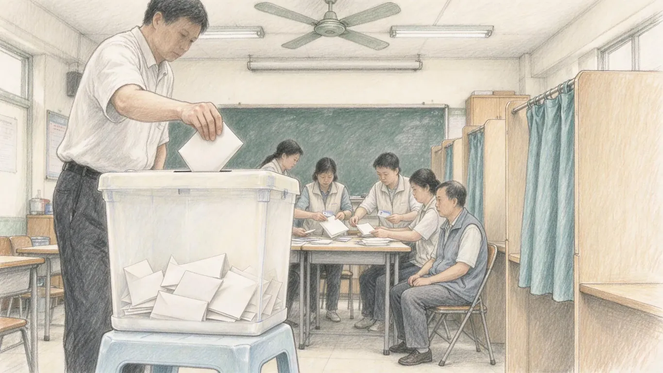 A voter drops a ballot into a clear box in a school classroom used as a polling station, officials counting at a table behind and curtained booths by the wall.