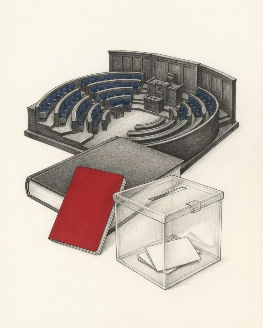 A model of a legislative chamber with curved rows of blue seats facing a speaker's desk, a closed book with a red cover and a clear ballot box in front.