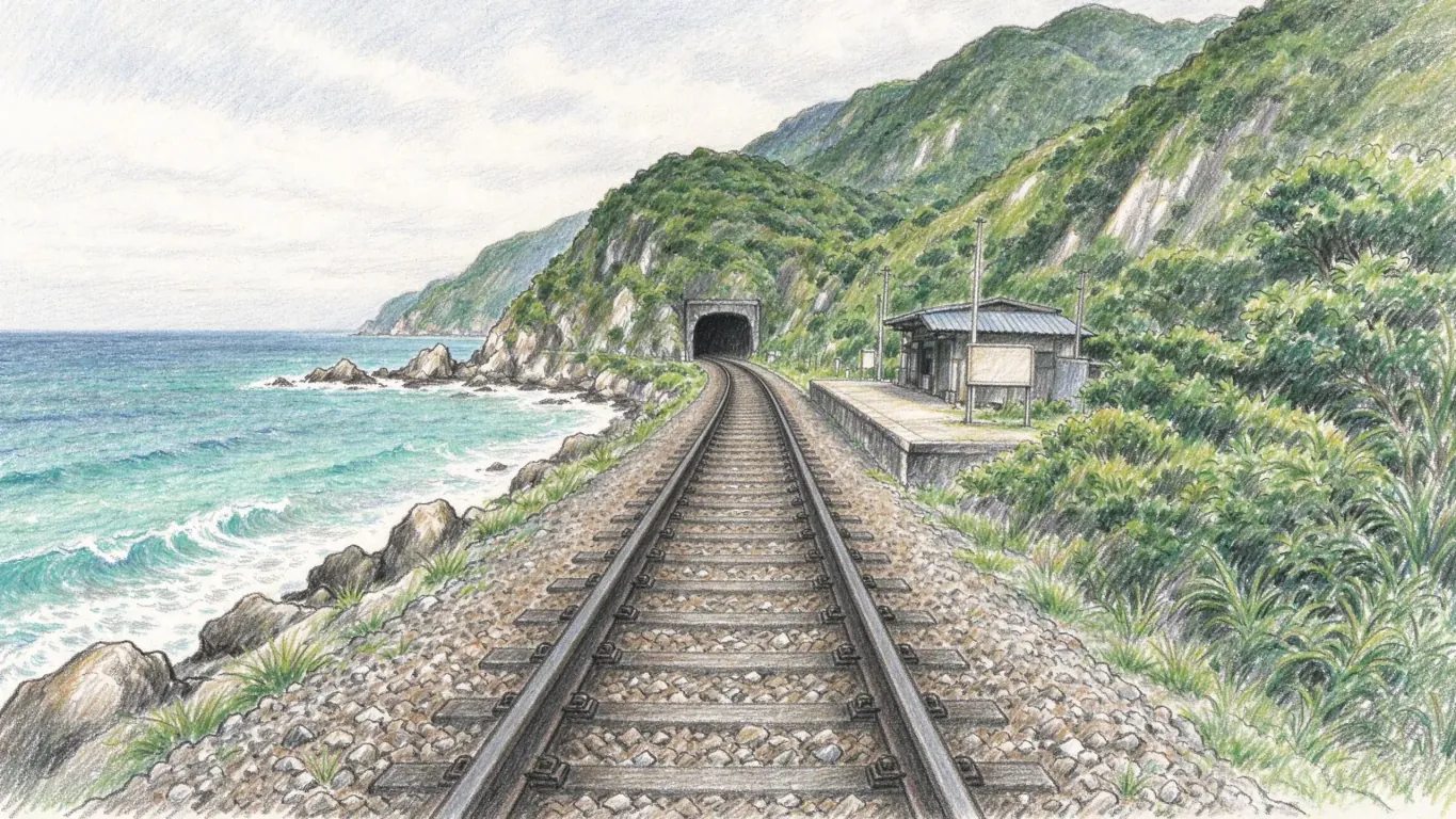 A railway line runs along the foot of steep green cliffs beside the sea into a tunnel, a small station by the track.