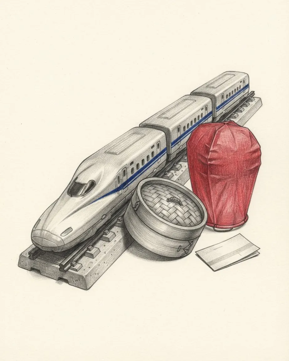 A model high-speed train on a short length of track, a red lantern, a small steamer basket and a card.