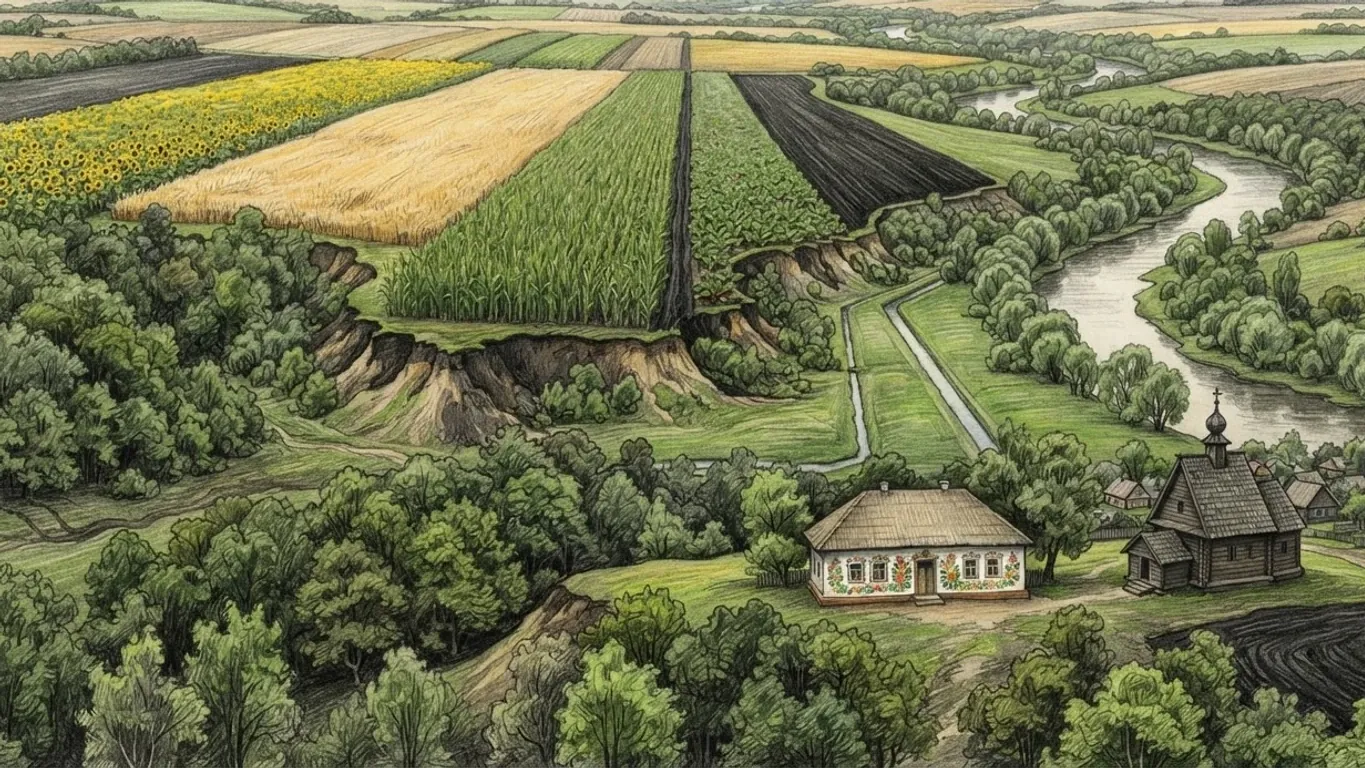 A Ukrainian river valley seen from above, drawn in coloured pencil over graphite. Huge unfenced fields run away to the horizon in long blocks of sunflowers, ripe wheat, green maize, beet and bare black ploughed earth, and steep raw-sided ravines cut down from their edges into woods of broadleaf trees. A wide slow river winds through a green floodplain lined with willows on the right, with a small channel running across the meadow towards it. In front, among the trees, stands a whitewashed cottage under a thatched roof with bright painted flowers along its walls, and beside it a dark timber church with a shingled roof and an onion cupola.