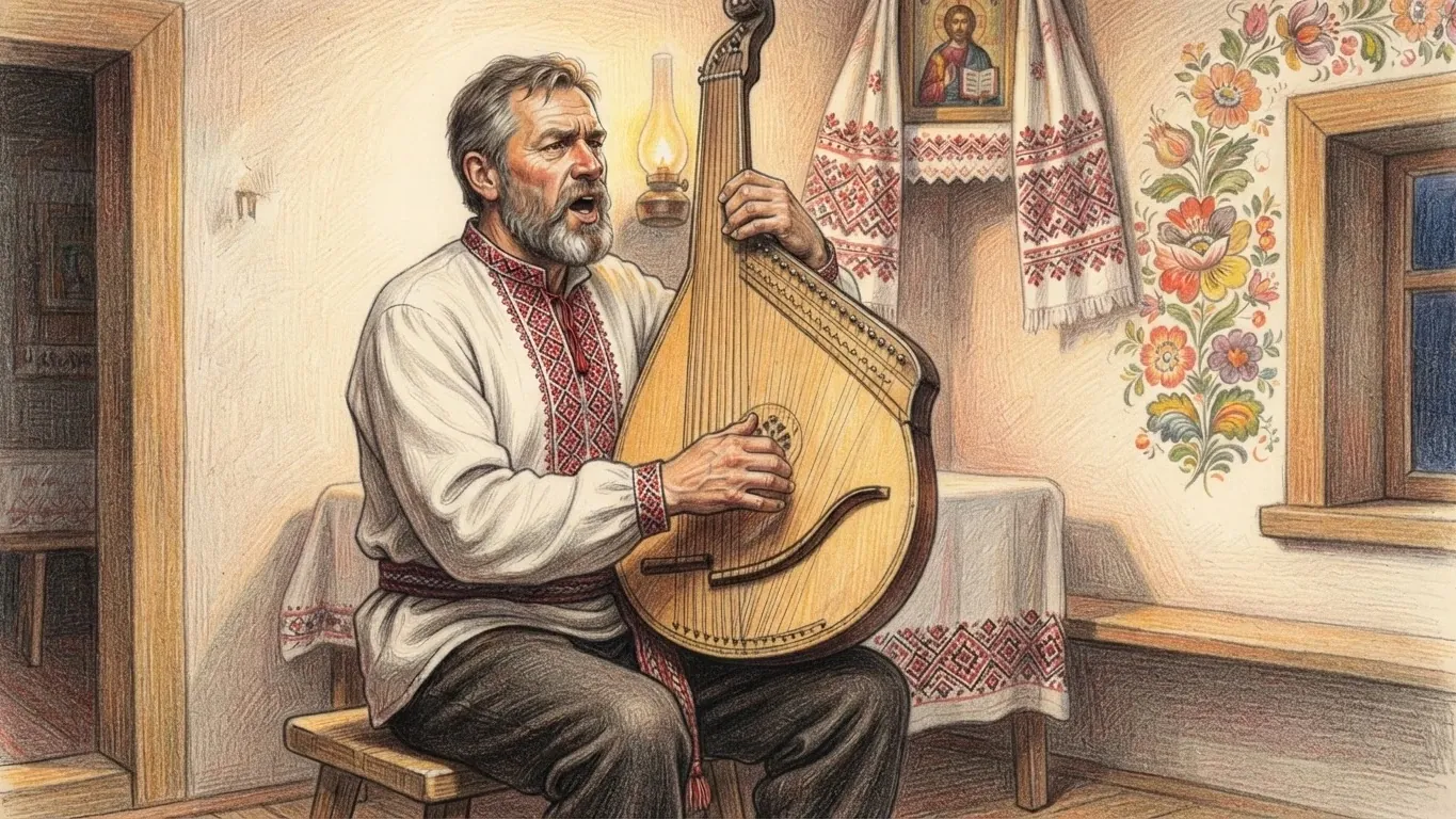 A bandura player singing in the main room of a village house, drawn in coloured pencil over graphite. He sits on a wooden bench at three-quarter length, left of centre, in a white linen shirt with red and black geometric embroidery at the collar, placket and cuffs, a red woven sash and dark trousers, the pale wooden bandura upright against his shoulder and his mouth open in song. Behind him a table under an embroidered cloth stands against a whitewashed wall, with a lit oil lamp, an icon hung with embroidered towels and bright painted flowers climbing beside a window dark with evening.
