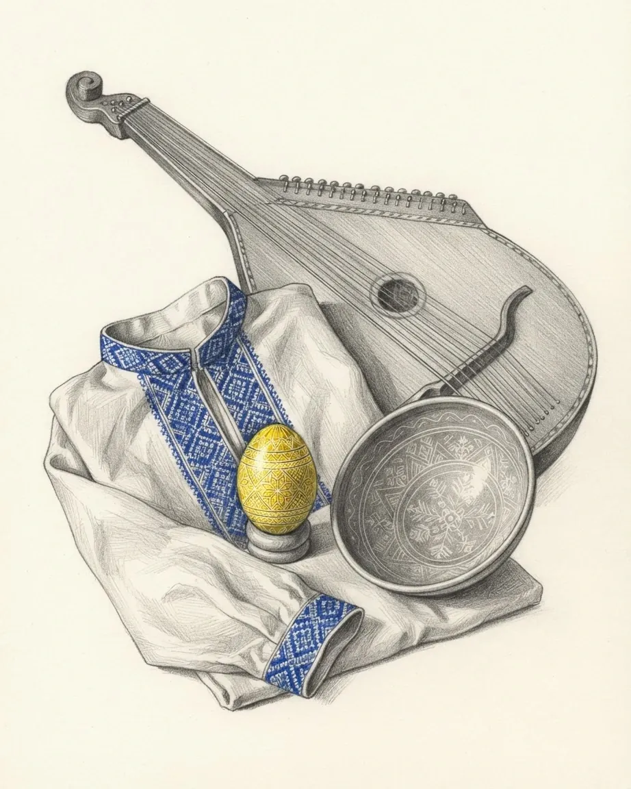 A bandura drawn in graphite lying diagonally behind a folded linen shirt whose standing collar, placket and cuff carry tight geometric embroidery in blue, with a wax-resist egg covered in fine ornament in yellow on a small wooden ring and a shallow bowl with scratched ornament inside resting on the shirt beside it.