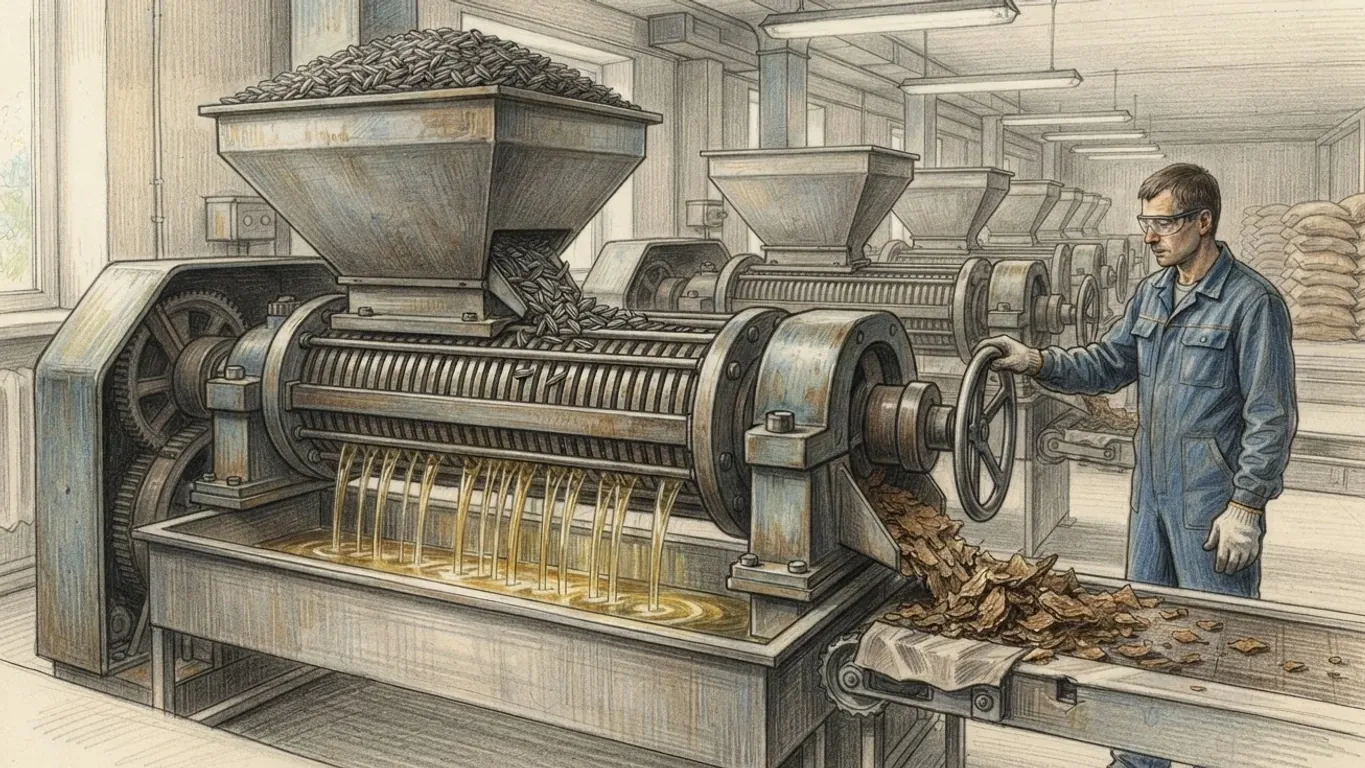 A sunflower oil mill, drawn in coloured pencil over graphite. In front a steel screw press runs across the frame, its hopper heaped with striped sunflower seed feeding a barrel of close-set bars, golden oil running out between the bars into a trough beneath and broken brown cake spilling from its end onto a conveyor. A worker in blue overalls, safety glasses and white work gloves stands at the right with one hand on its wheel. Behind him a line of identical presses recedes down the hall under long ceiling lights, with sacks stacked against the far wall.