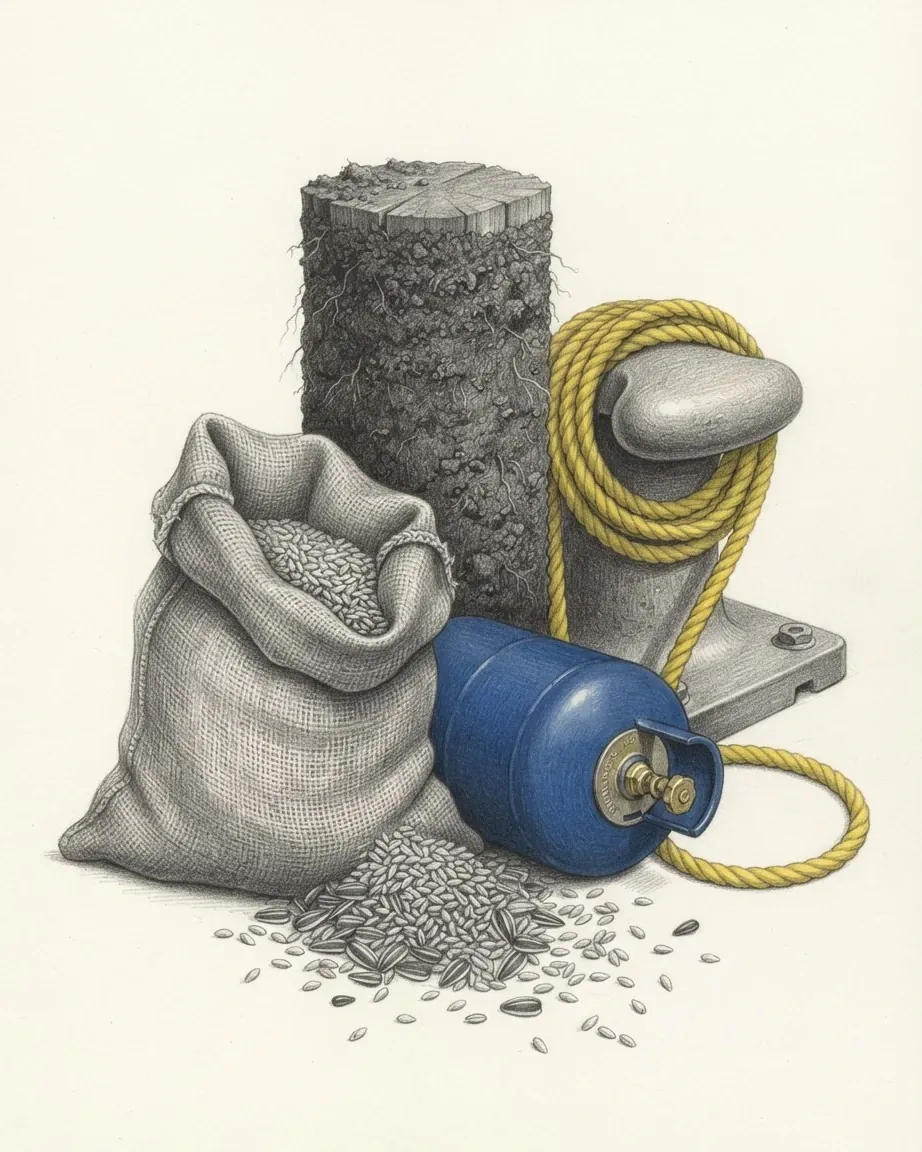 A cut column of dark topsoil with root threads down its face drawn in graphite, with an open jute sack spilling wheat grain and striped sunflower seed in front of it, a squat gas cylinder in blue lying on its side against the sack, and a cast mooring bollard behind with a coil of rope in yellow dropped over its head.