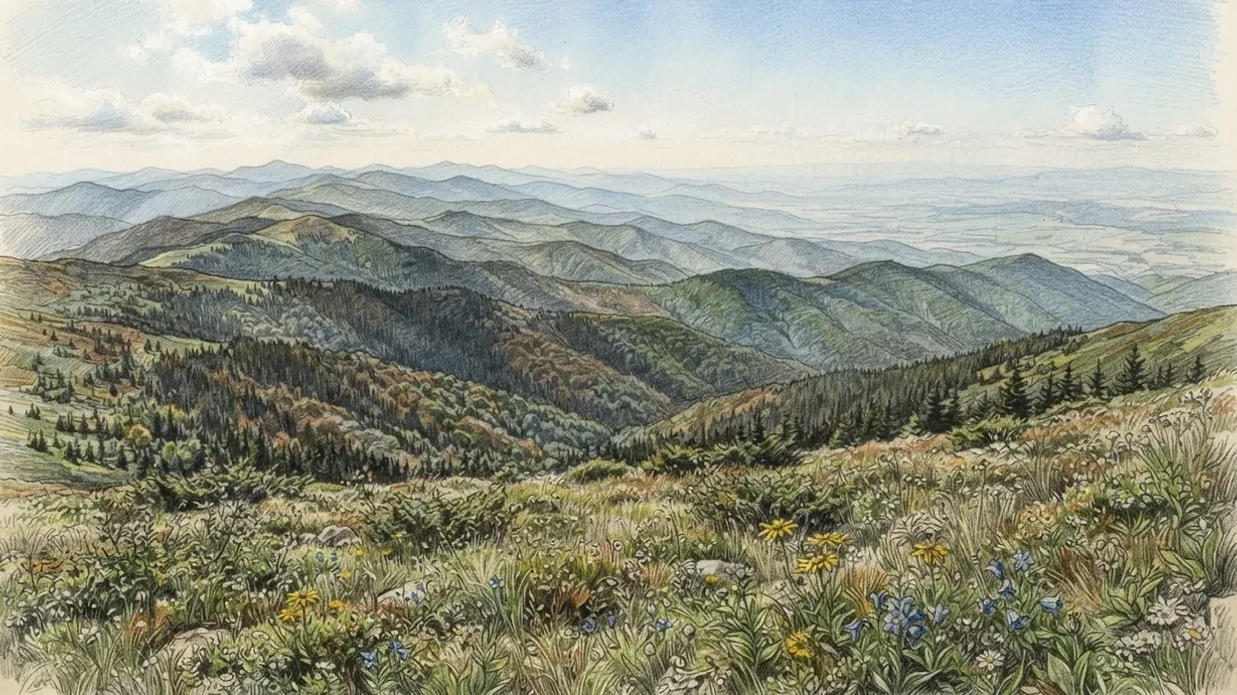 The Ukrainian Carpathians seen from a high meadow, drawn in coloured pencil over graphite. Grass, low shrubs and flowers in yellow, blue and white fill the foreground, and below them slopes of dark conifers give way to mixed forest touched with brown. Beyond, ridge after ridge recedes in paler bands of green and blue, and on the right the last range drops to a flat plain fading into haze under a pale sky with scattered cloud.