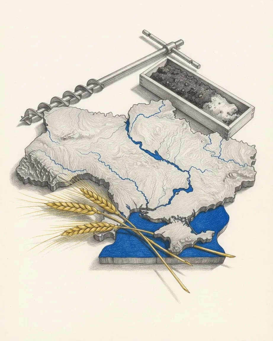 A cast relief model of Ukraine drawn in graphite, almost flat across its interior with its rivers picked out in blue running north-west to south-east and the sea around its southern peninsula in blue, with a spiral soil auger and a wooden tray holding a core of dark earth behind it and three ears of wheat in gold laid across the front.