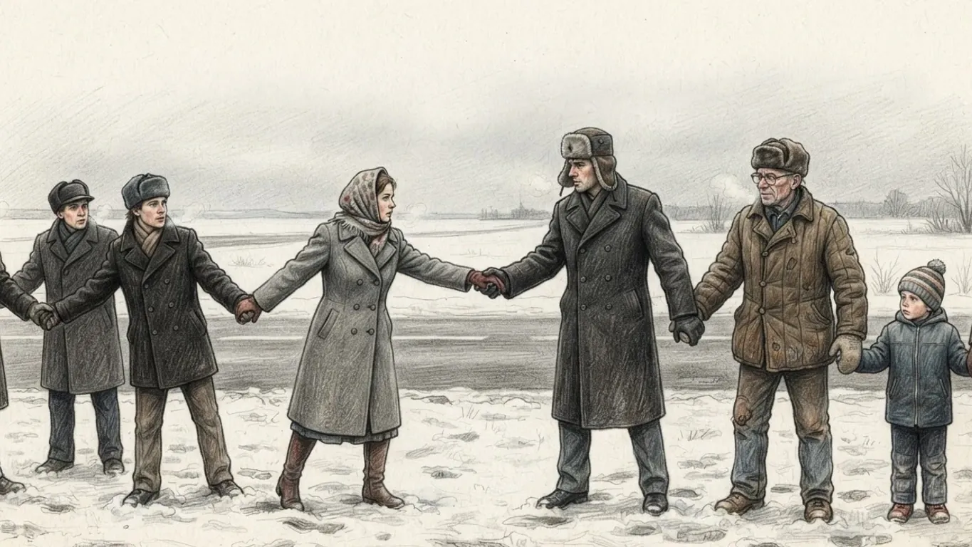 A human chain on a snowy roadside on 21 January 1990, drawn in coloured pencil over graphite. People in heavy worn winter coats and fur hats stand in trampled snow holding hands in a line that runs out of the frame at both sides, and at the centre a woman in a grey coat and a patterned headscarf grips the gloved hand of a man in a dark overcoat and a fur hat with its flaps tied up. To the right an older man in glasses and a quilted brown jacket holds the hand of a small boy in a knitted bobble hat. Behind them an empty road crosses a flat white plain under a grey overcast sky, with bare trees and low buildings faint on the horizon.