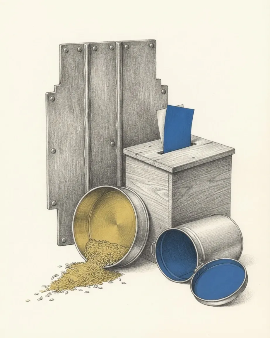 A riveted slab of four iron plates with stepped, uneven edges drawn in graphite, with a small wooden ballot box leaning against it and a blue paper slip in its slot, a round tin grain measure tipped over in front spilling grain in yellow, and a steel canister lying open beside it with its empty inside in blue.
