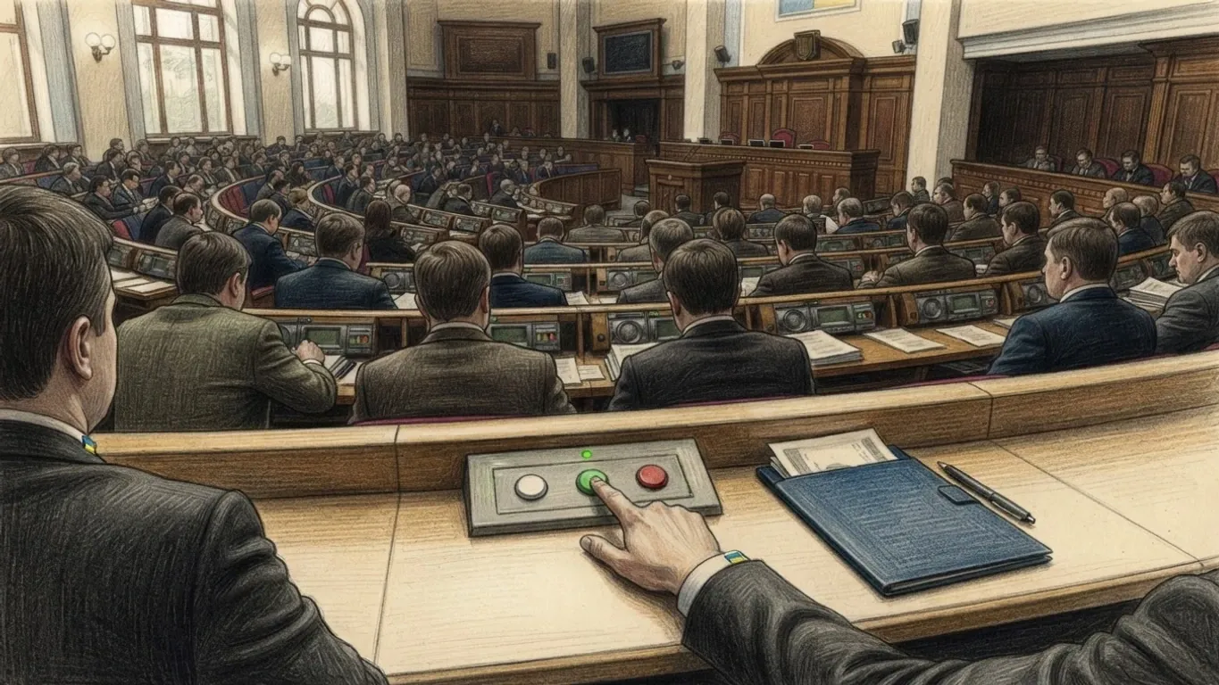 The session hall of the Verkhovna Rada seen from a deputy's seat, drawn in coloured pencil over graphite. In front a hand in a dark suit sleeve presses the green button of a three-button voting console on a pale wooden desk, beside a blue folder holding papers and a pen. Beyond, curved rows of desks filled with deputies in dark suits sweep round towards a raised wooden presidium, under tall arched windows and panelled walls.