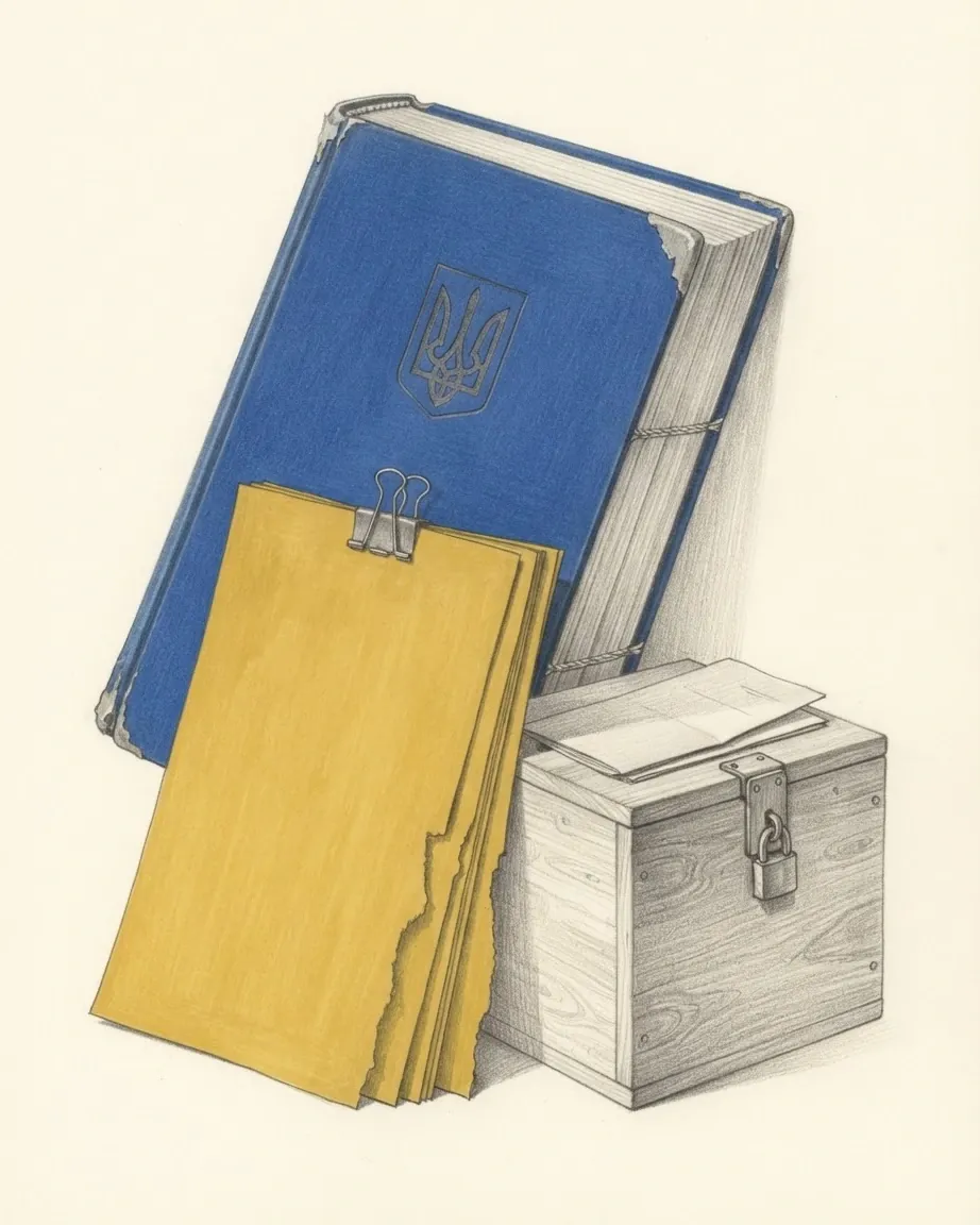 A thick bound volume with worn corners and a stitched spine drawn with its cover in blue and a trident emblem pressed into it, with a sheaf of ragged-edged papers in yellow held by a binder clip propped against it and a small wooden box with a padlocked hasp and papers on its lid in graphite beside them.