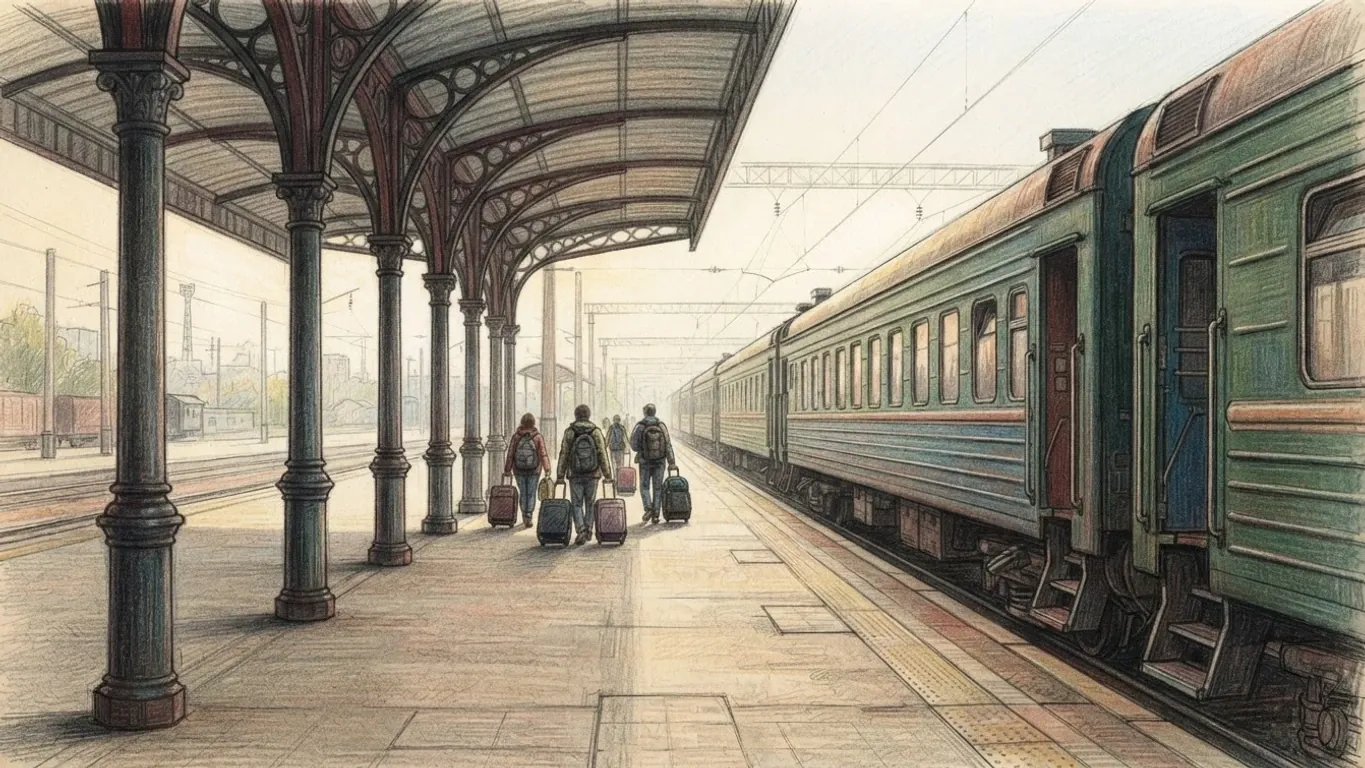 A railway station platform early in the morning, drawn in coloured pencil over graphite. The platform runs straight away from the viewer, with a row of cast-iron columns under an ornate iron canopy on the left and a long green passenger train standing on the right, its doors open and steps down. A few travellers with backpacks and wheeled suitcases walk away along the platform, and beyond them overhead wires, goods wagons and low buildings fade into pale haze.
