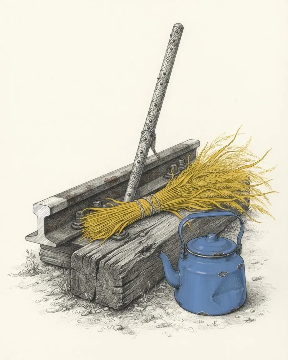 A cut length of rusted rail bolted to a split timber sleeper drawn in graphite, with a carved walking staff studded with geometric ornament leaning across it, a bundle of dried feather grass bound with twine in yellow laid against it, and a dented, chipped enamel kettle in blue standing on the bare ground in front.