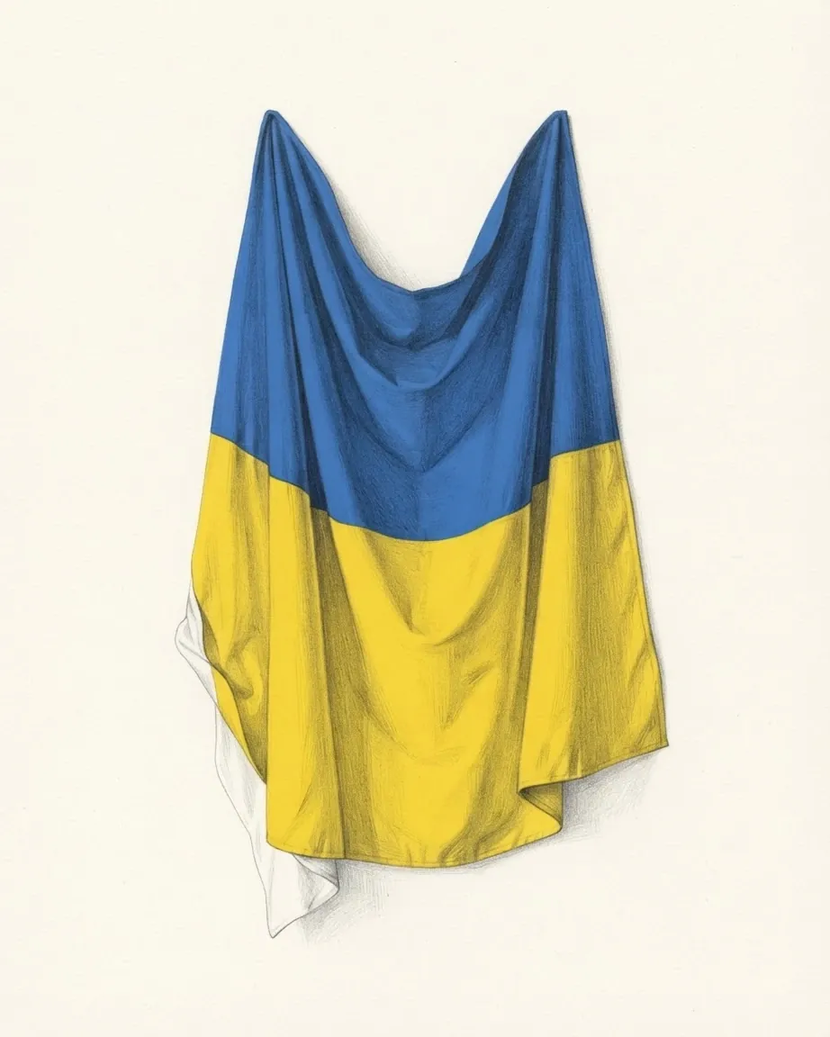 The flag of Ukraine drawn as a hanging cloth in graphite, caught up at its two top corners so it falls in a deep swag, its blue band over its yellow band in soft folds, with a loose fold of white cloth hanging out from behind the lower left edge.