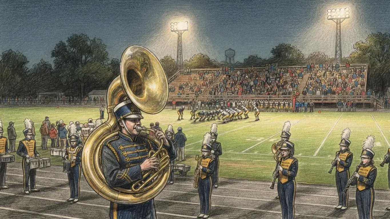 A coloured pencil drawing of a marching band member playing a sousaphone at the edge of a floodlit high school football field, with players at the line and full bleachers behind.