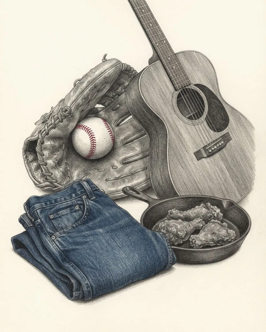 A graphite still life of a leather baseball glove holding a ball with red stitches, an acoustic guitar, folded blue denim jeans and a cast-iron skillet of fried chicken.