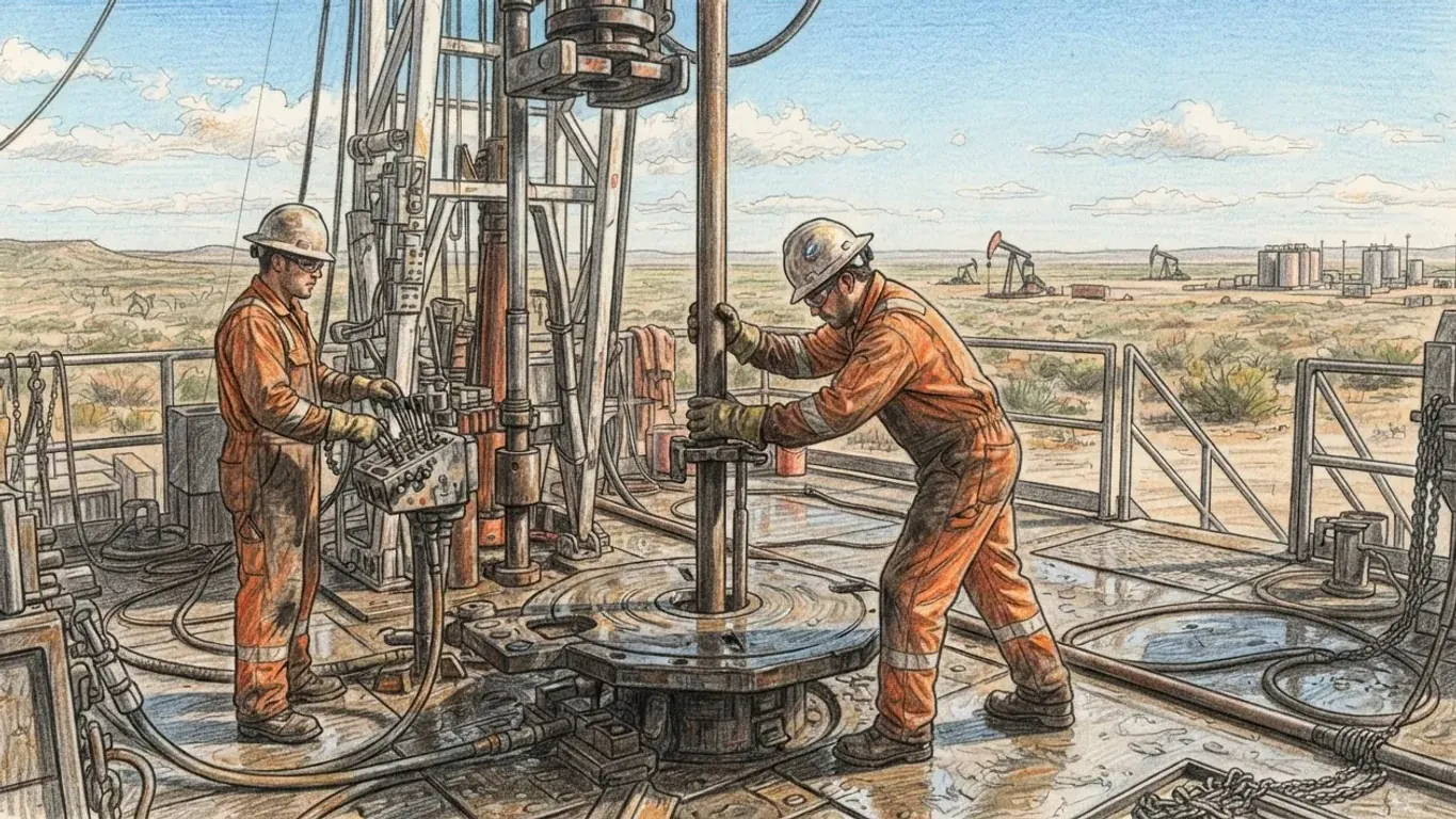 A coloured pencil drawing of two workers in orange coveralls and hard hats handling pipe on the floor of a drilling rig, with pumpjacks and storage tanks on the dry plain beyond.
