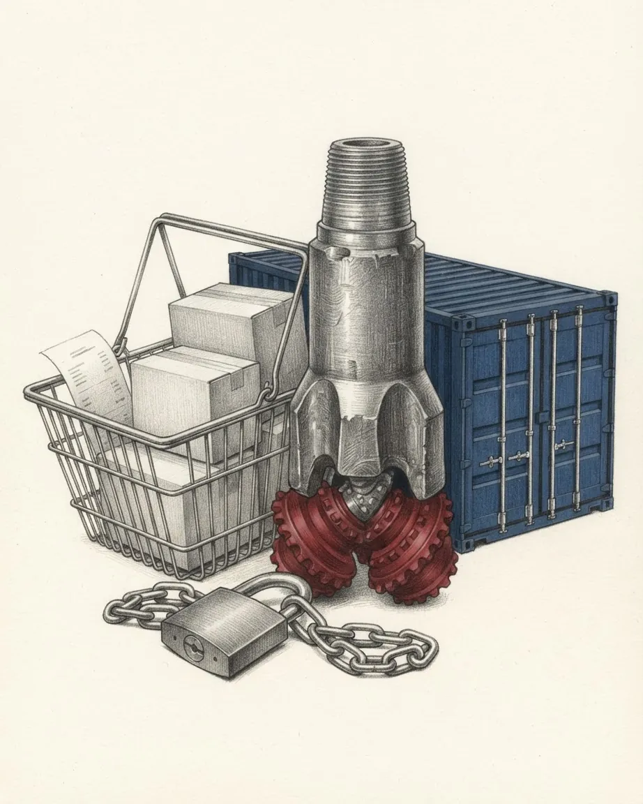 A graphite still life of a wire shopping basket of boxes and a receipt, an oil drill bit with red cones, a blue shipping container and a padlocked chain.