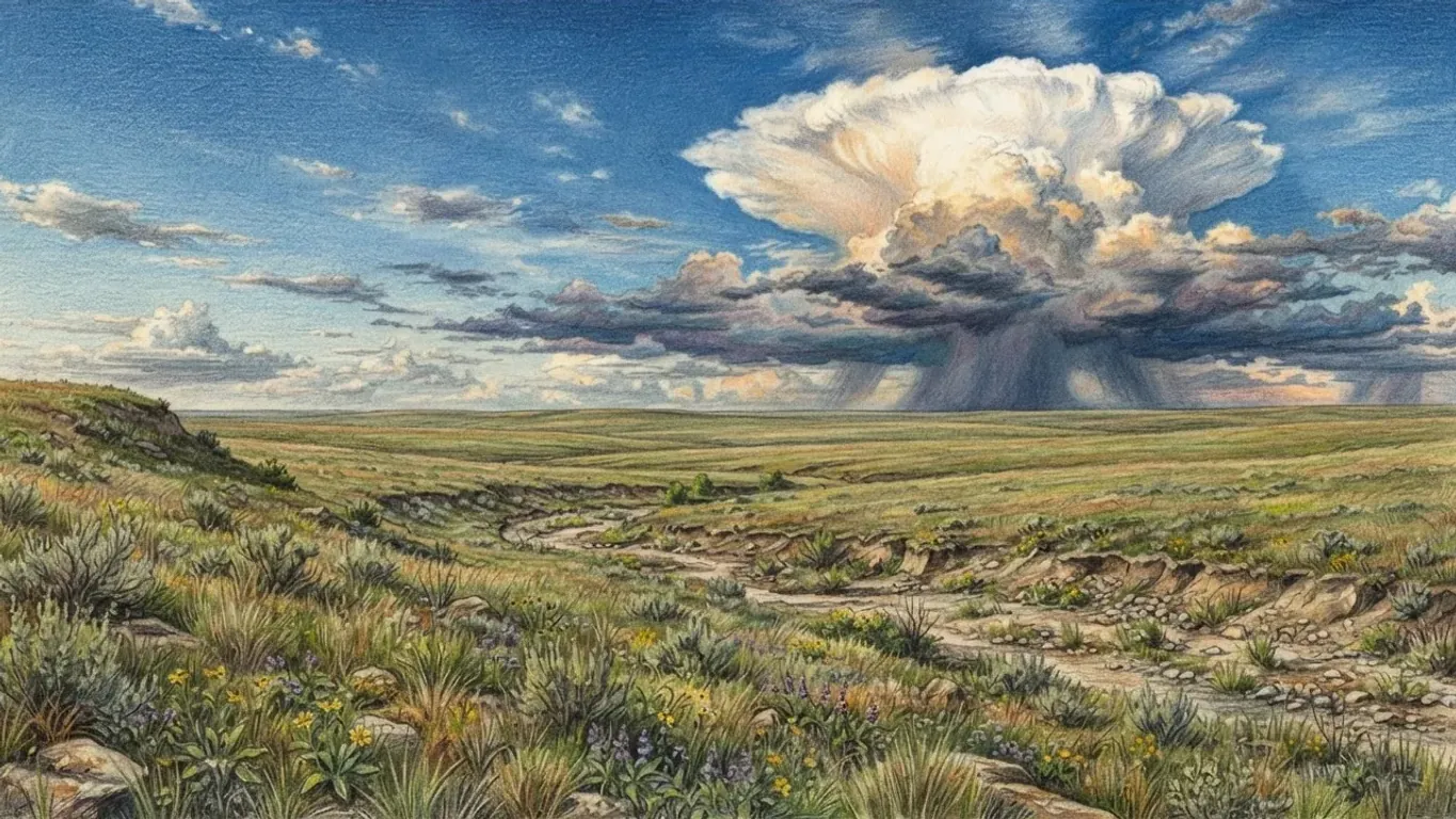 A coloured pencil drawing of open short-grass prairie cut by a dry creek bed under a wide blue sky, with a towering thunderstorm cloud on the horizon.
