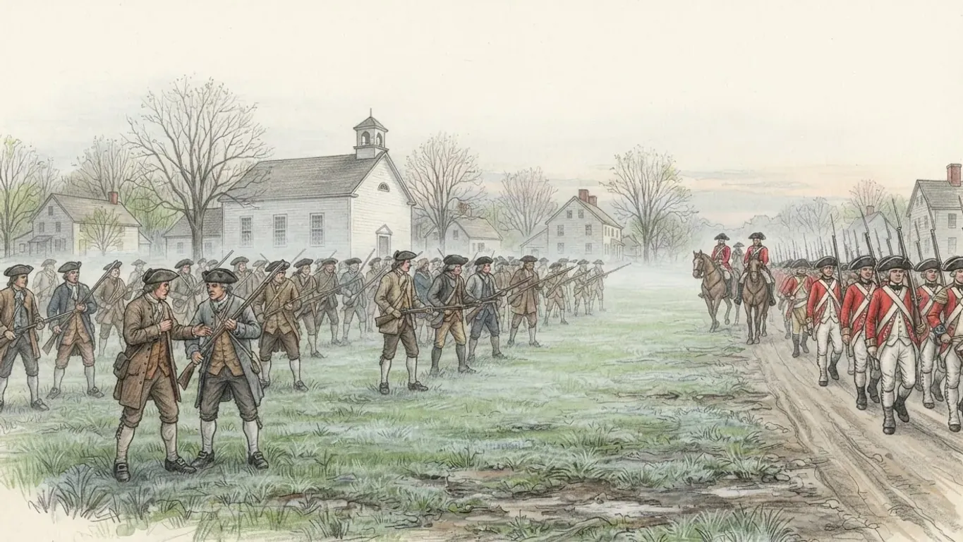 A coloured pencil drawing of militiamen in civilian clothes gathered on a misty green in front of a white meeting house as a column of British redcoats marches in along the road.