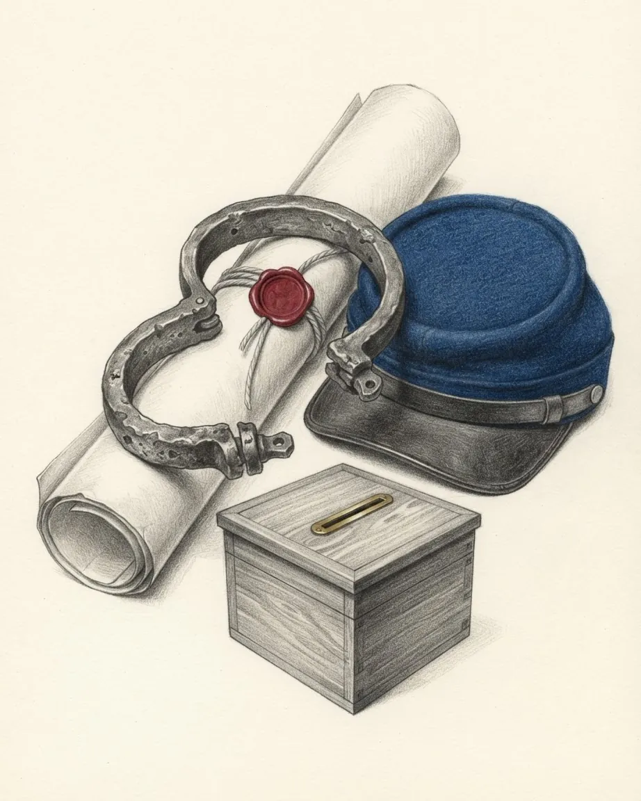 A graphite still life of a rolled parchment tied with a red wax seal, an open iron shackle, a blue Union soldier's cap and a small wooden ballot box.