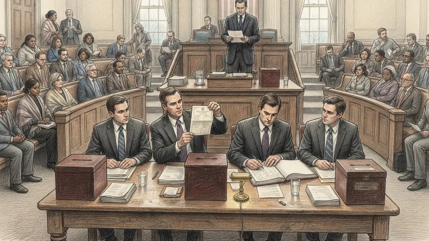 A coloured pencil drawing of a wood-panelled chamber where four officials at a long table open ballot boxes and read out certificates before rows of seated onlookers.