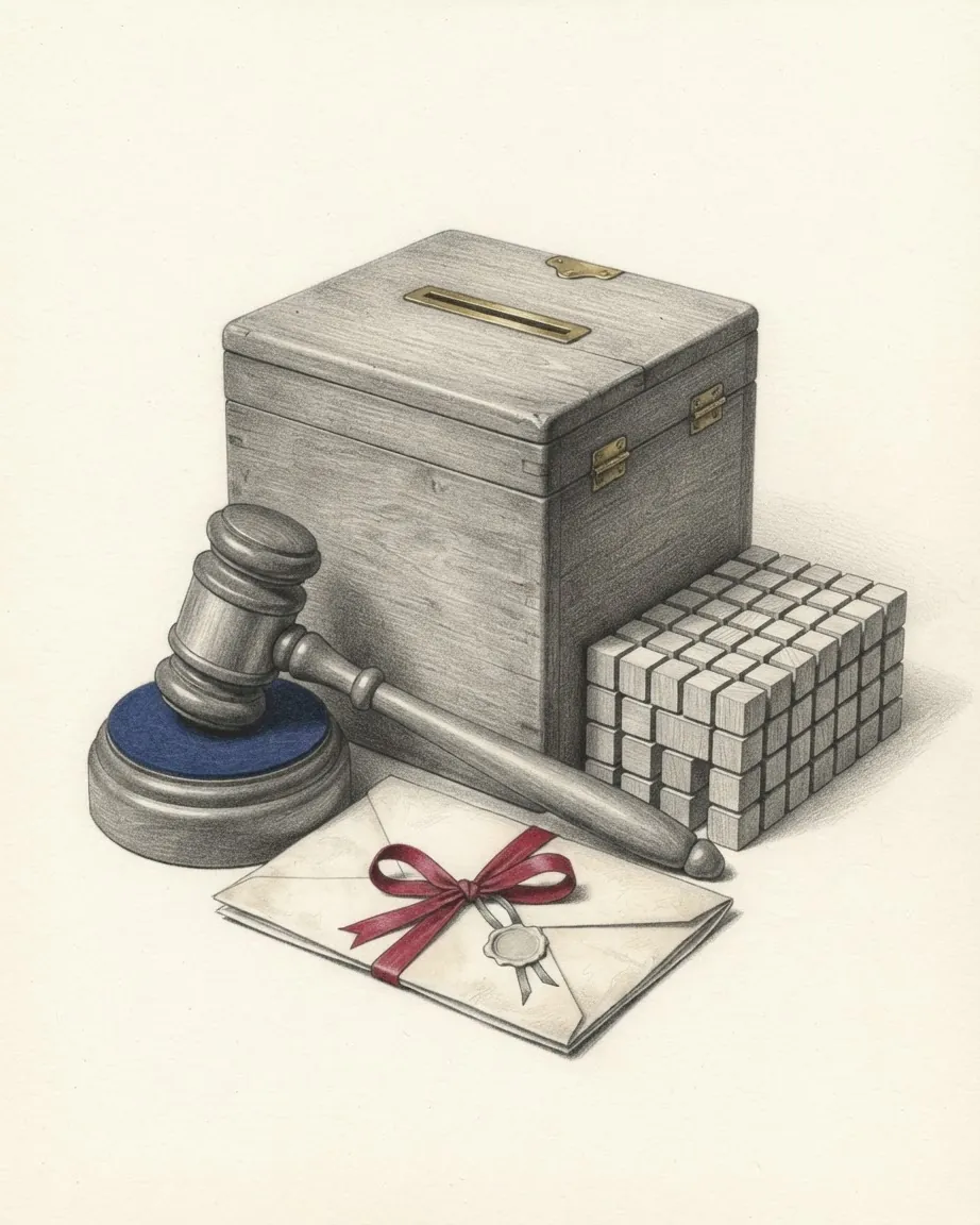 A graphite still life of a wooden ballot box, a judge's gavel on a blue block, a stack of small cubes and an envelope tied with a red ribbon.