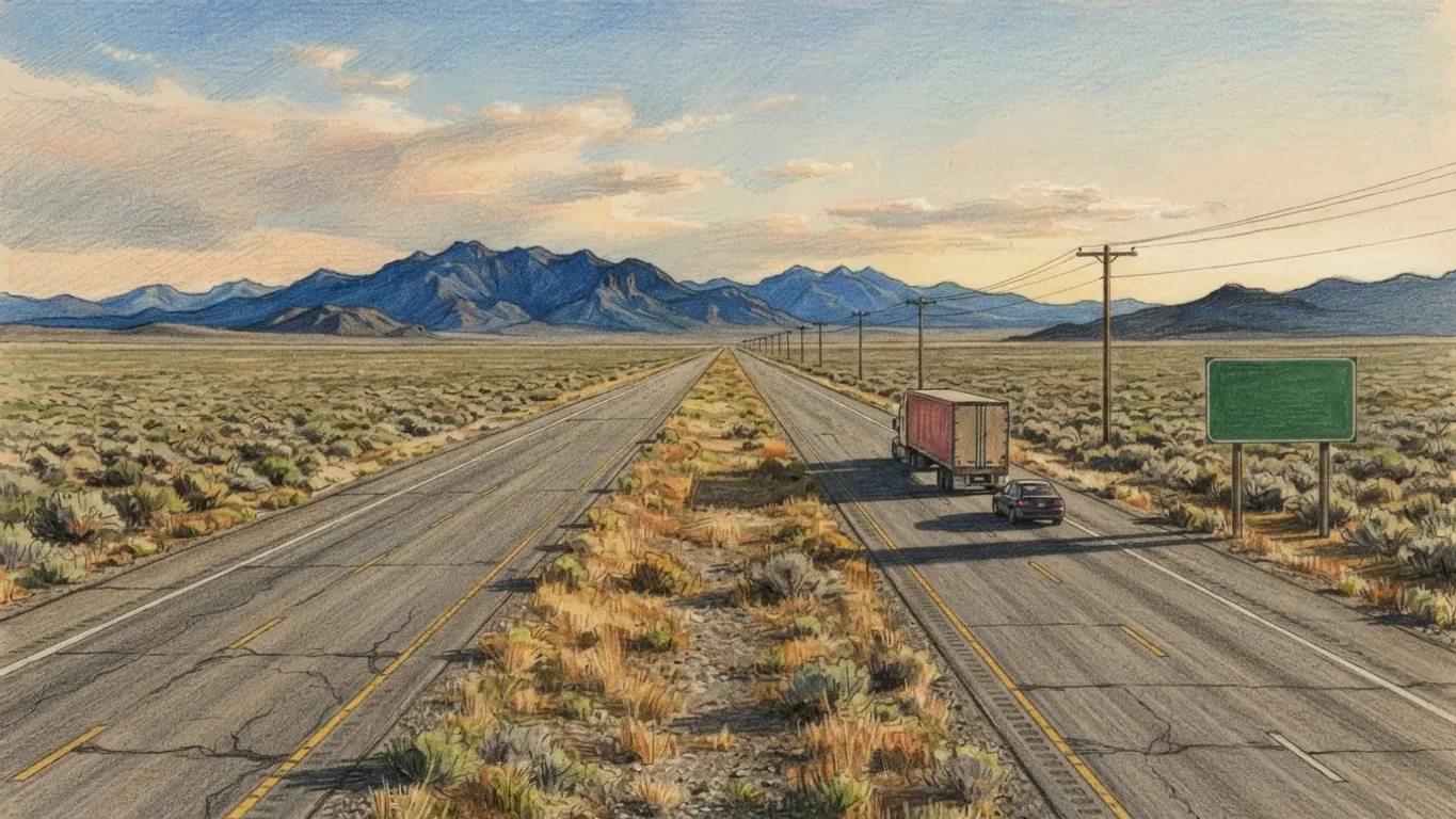 A coloured pencil drawing of a straight divided highway crossing sagebrush desert towards distant blue mountains, a truck and a car heading along it beside a line of utility poles and a blank green road sign.