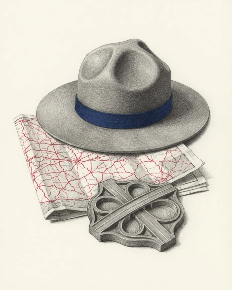 A graphite still life of a park ranger's campaign hat with a blue band, a road map printed with red route lines and a small relief of a cloverleaf interchange.