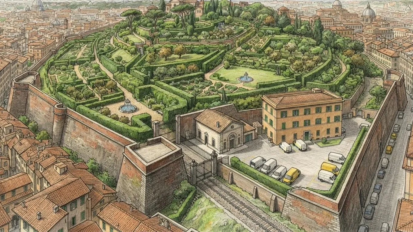 A walled hill of terraced gardens in coloured pencil over graphite, seen from above. Clipped hedges, lawns, gravel paths, fruit trees and two small fountains fill the slopes inside a high wall of brick and stone with angled bastions. In front, a single railway track runs through an iron gate in the wall beside a small pale stone station and a four-storey ochre office building with green shutters and white and yellow vans parked in its yard. Tiled roofs of the surrounding city press up against the wall on every side, and unnamed domes stand on the far skyline.