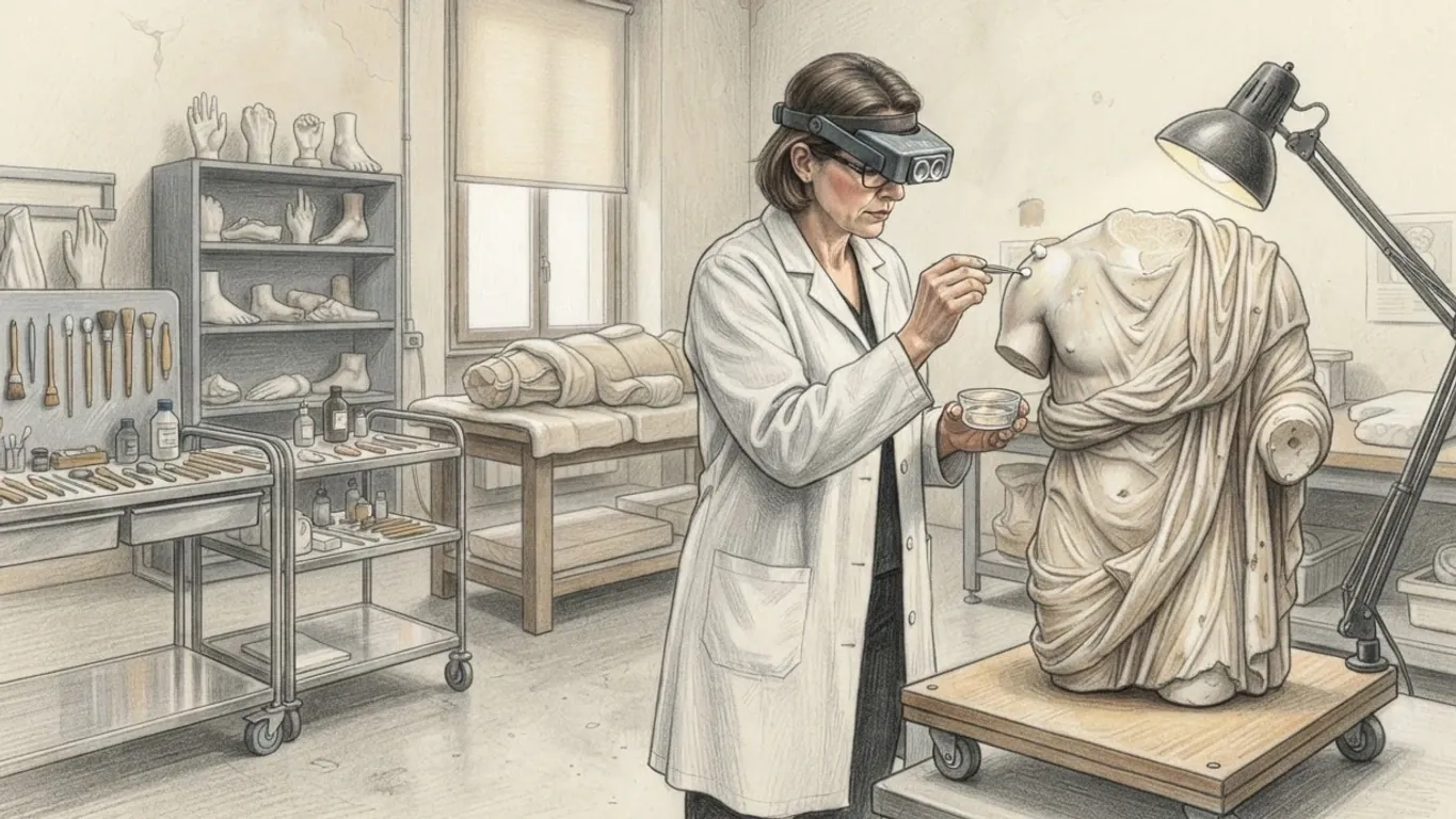 A restorer cleaning a marble torso in a conservation laboratory, drawn in coloured pencil over graphite. She stands off centre in a white lab coat and magnifying head loupe, touching a swab to the shoulder of a headless draped figure on a wheeled wooden platform under an angled lamp, a small glass dish in her other hand. Behind her steel trolleys hold brushes and tools, shelves carry plaster casts of hands and feet, a wrapped fragment lies on a table and a tall window has its blind half drawn.