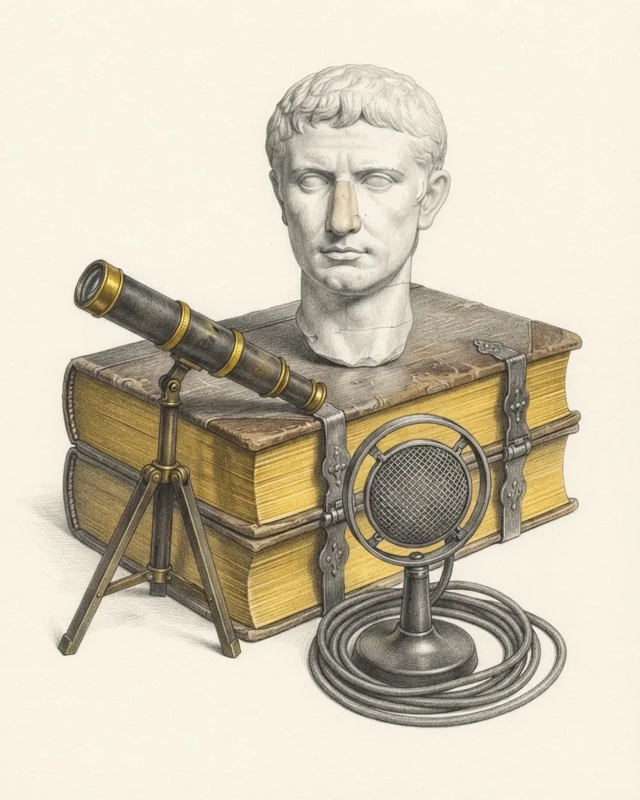 A marble head with a restored nose in paler stone resting on a stack of leather-bound books with metal clasps, beside a small brass telescope on a tripod and an old round-grilled microphone with its cable coiled at its base, drawn in graphite with the gilded page edges and brass bands in yellow.