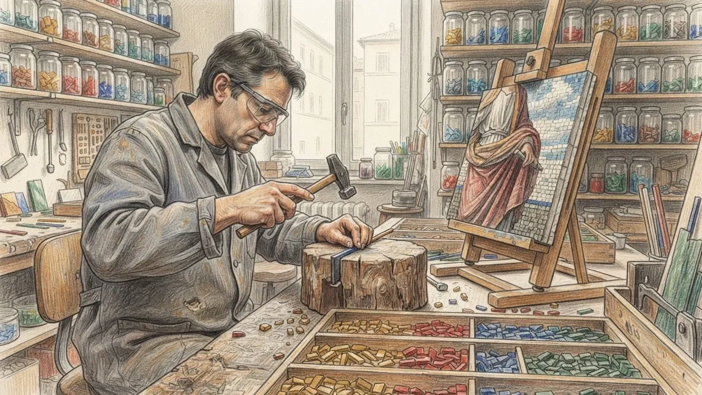 A mosaicist at work in a crowded workshop, drawn in coloured pencil over graphite. In front he sits at a bench in a grey work coat and safety glasses, hammer raised over a strip of glass held on a cut tree-stump block, with wooden trays of red, blue, green and ochre tesserae before him. Beside him an easel holds an unfinished mosaic panel of a draped figure against a blue sky, and behind him shelves of glass jars full of coloured pieces line the walls around a tall window.
