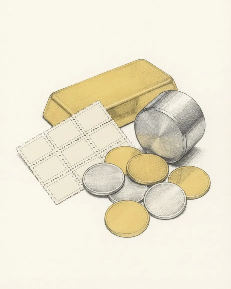 A gold ingot, a steel die cylinder lying on its side, a sheet of twelve blank stamps and a spill of seven plain coin blanks, drawn in graphite with the ingot and four of the blanks in gold and the rest in silver grey.