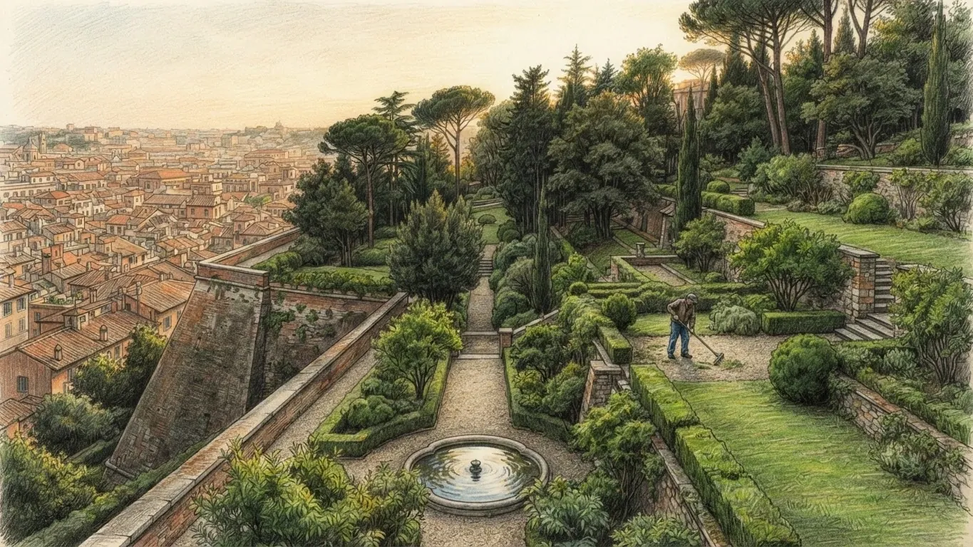 A terraced hillside garden in late afternoon light, drawn in coloured pencil over graphite and seen from its upper slope. A round stone fountain basin sits on a gravel path in front, between clipped box hedges and lawns, and a gardener rakes the gravel in the middle ground. A high brick and stone wall with a sloping bastion angle runs down the hill on the left, umbrella pines and cypresses stand on the right, and beyond the wall the tiled roofs of the city spread away into a warm haze.