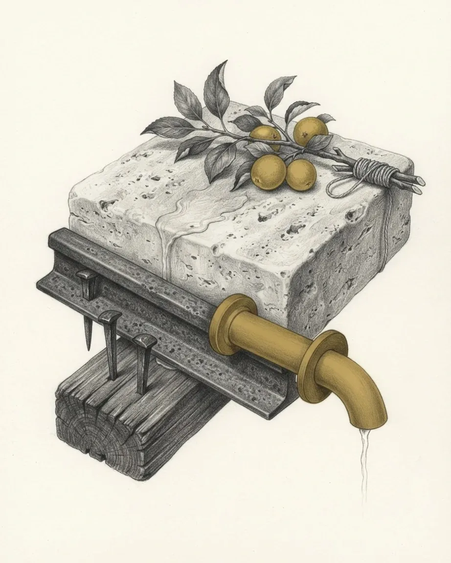 A pitted block of pale travertine resting on a length of iron rail spiked to a timber sleeper, with a flanged spout letting a thin stream of water run off it and a cut fruit branch tied with twine lying on top, drawn in graphite with the spout and four round fruits in yellow.
