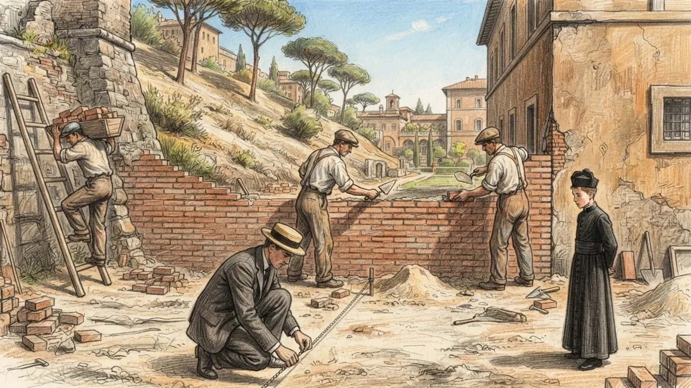 Masons closing a gap in a wall with new brick, drawn in coloured pencil over graphite. In front a surveyor in a dark suit and straw hat kneels on the dusty ground with a measuring chain stretched along a staked line, while two masons in flat caps lay courses with trowels and a third climbs a ladder with a hod of bricks. A young priest in a black cassock stands apart on the right beside a cracked ochre wall. Behind them umbrella pines rise on a dry slope, and a garden terrace leads back to tall ochre buildings under a blue sky.