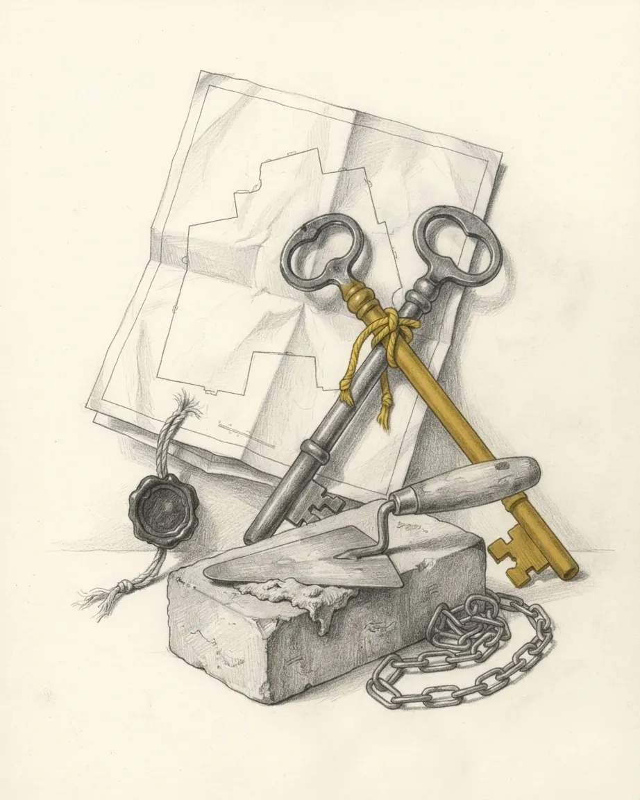 A folded survey plan with a drawn outline, two long iron keys crossed and tied with a cord, a hanging wax seal, a brick with a trowel across fresh mortar and a coiled measuring chain, drawn in graphite with one key and the cord in yellow.