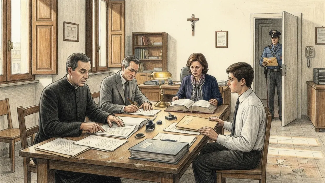 A working session in a plain office, drawn in coloured pencil over graphite. Around a long wooden table covered in loose sheets, an inkwell and a brass desk lamp, a priest in a black cassock follows a line with his finger, a man in a grey suit marks a page with a pencil, a woman in a cardigan reads a thick bound volume and a young man in a white shirt and tie holds a folder. Behind them a uniformed police officer stands at a half-open door holding an envelope, and a crucifix, a bookcase and tall shuttered windows fill the back wall.