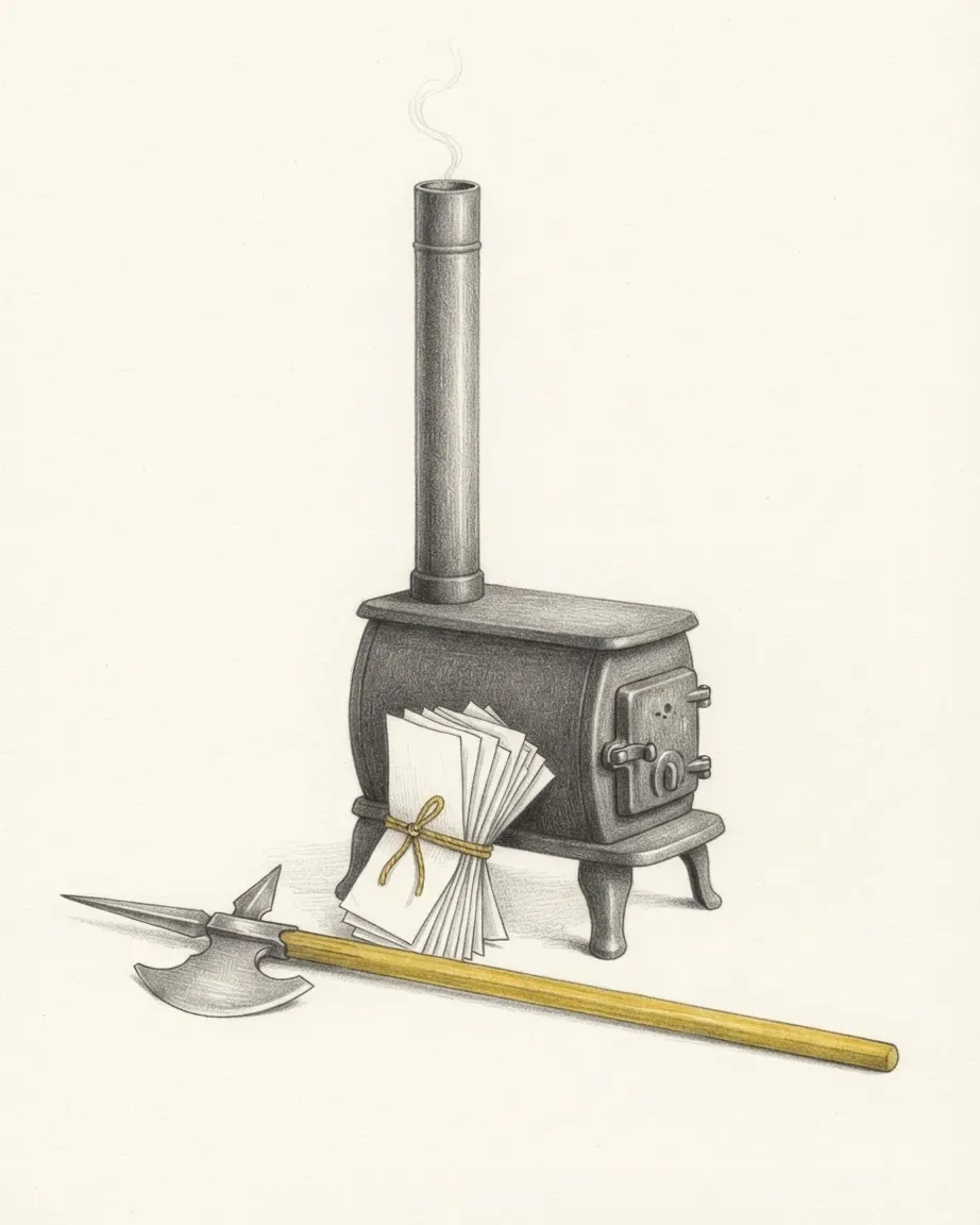 A small cast-iron stove with a tall flue pipe and a thin curl of smoke, a bundle of folded blank paper slips tied against its front and a halberd lying across the foreground, drawn in graphite with the cord and the halberd's shaft in yellow.