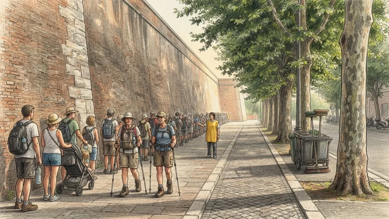 A queue of visitors along a very high blank wall of brick and pale stone, drawn in coloured pencil over graphite. In front, people with backpacks and sun hats wait on the pavement, among them a family with a pushchair and two walkers with trekking poles, while a volunteer in a yellow tabard points the line forward. On the right plane trees throw dappled shade across the kerb beside a parked street-cleaning cart, and the line runs away to where the wall turns out of sight in bright morning light.