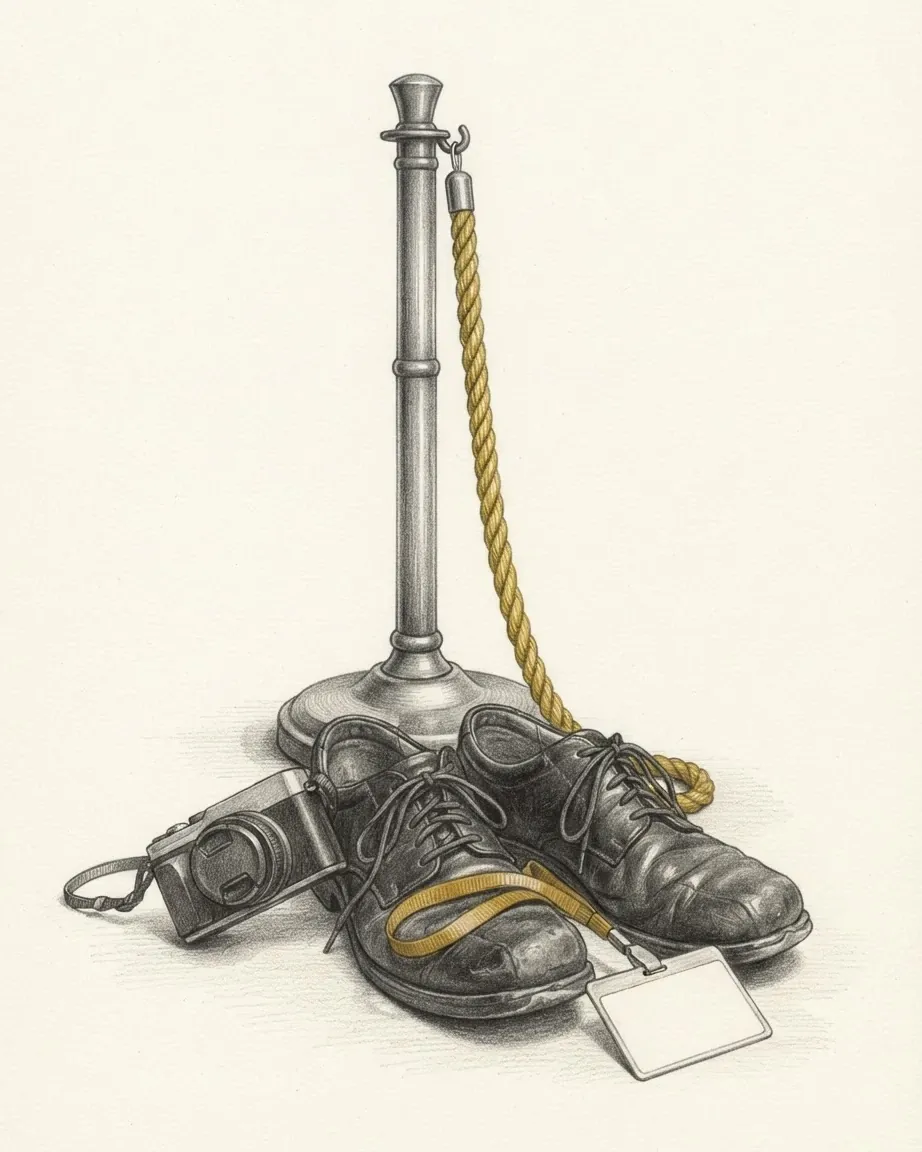 A queue-barrier post with a thick rope hanging from its hook, a pair of worn leather shoes at its base, a small camera with its lens cap on and a lanyard with a blank card holder across the toes, drawn in graphite with the rope and the lanyard in yellow.