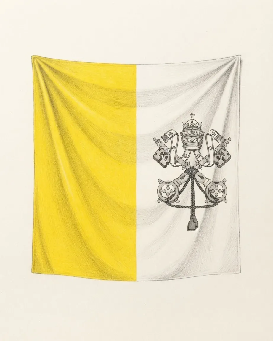The flag of Vatican City drawn as a hanging cloth in graphite, its hoist half coloured yellow and its fly half left white, both falling in soft folds, with the crossed keys under a triple crown, bound by a tasselled cord, drawn in grey on the white half.